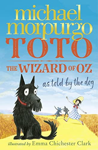 Book cover: black dog, Dorothy, and yellow brick road illustration.