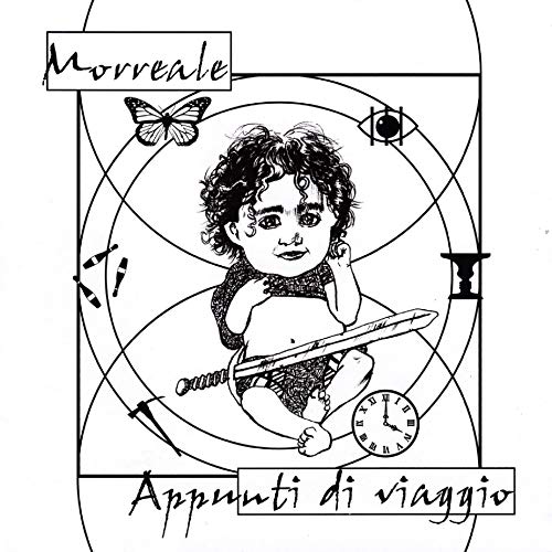Black and white illustration of a baby holding a sword, surrounded by symbols.
