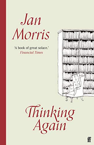 Book cover: “Thinking Again” by Jan Morris, with sketched bookshelf.
