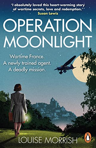 Book cover: woman with lantern, airplane, moon, and French village scene.