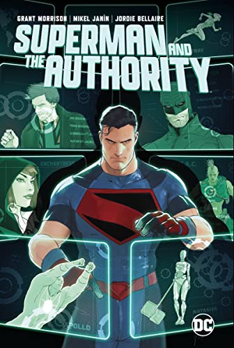 Superman stands in front of a digital display featuring members of The Authority.