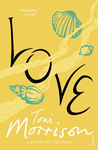 Book cover for Love by Toni Morrison with teal seashells on a yellow background.