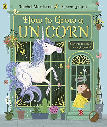 Book cover: illustrated unicorn emerging from a shop window.