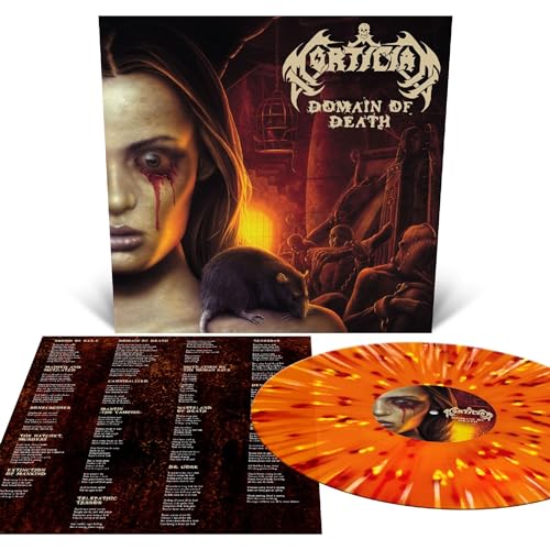 Vinyl record set featuring dark cover art, a tracklist, and an orange splatter disc.