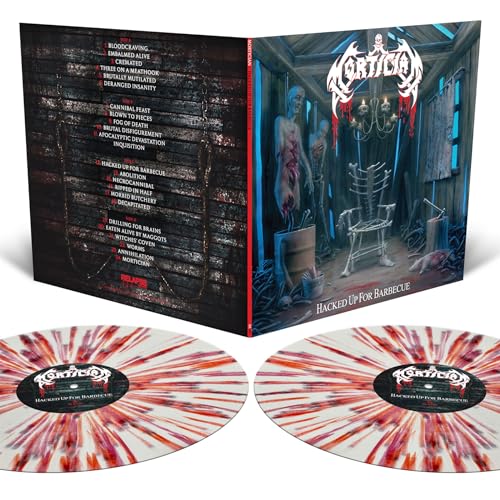 Vinyl record of Mortician’s “Hacked Up For Barbecue” with gory album art.