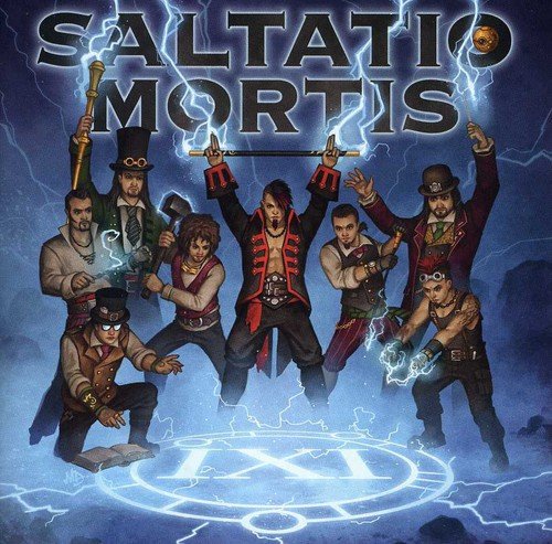 "CD cover art featuring seven men in various poses with glowing blue symbols and lightning."