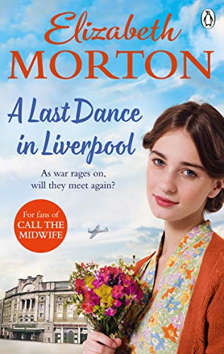 Book cover: woman with flowers, Liverpool waterfront, and cloudy sky.