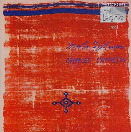 CD cover for Morton Feldman’s “Crippled Symmetry” with red, textured background.