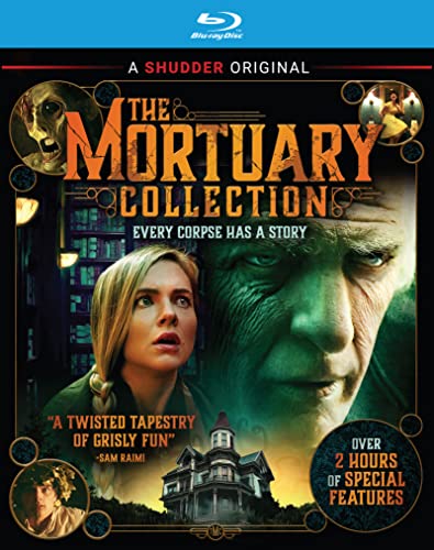 Blu-ray cover for horror film "The Mortuary Collection" with woman and ghostly figures.