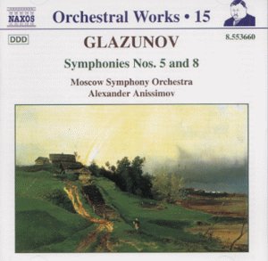 CD cover with landscape painting, text "Glazunov Symphonies Nos. 5 and 8", and composer portrait.