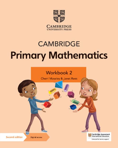 Cambridge Primary Mathematics Workbook 2 cover featuring two children playing with 3D geometric shapes.