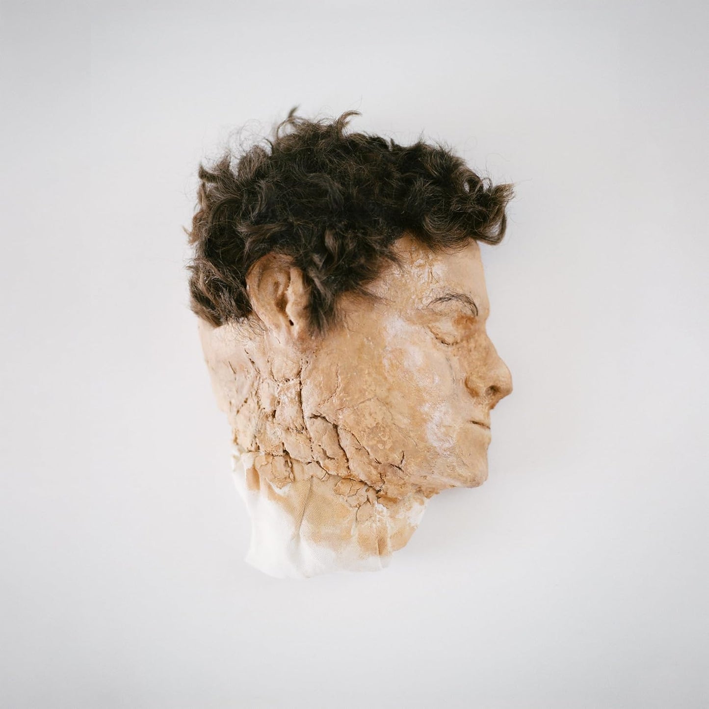Sculptural head in profile, textured and cracked, against a white background.