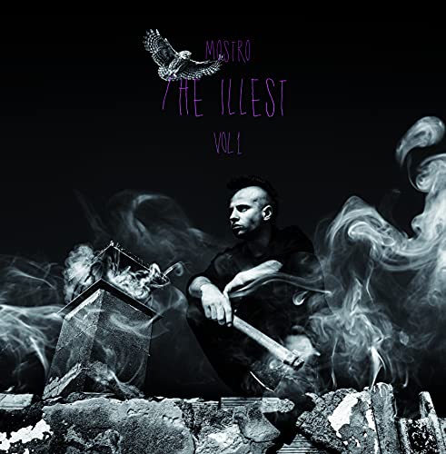 Man with a guitar sits amidst smoke and rubble, bird above.