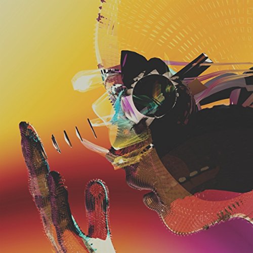 Abstract album cover with a hand reaching towards fragmented digital shapes.
