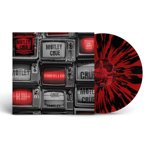 Mötley Crüe “Cancelled” vinyl record with red and black swirl pattern.