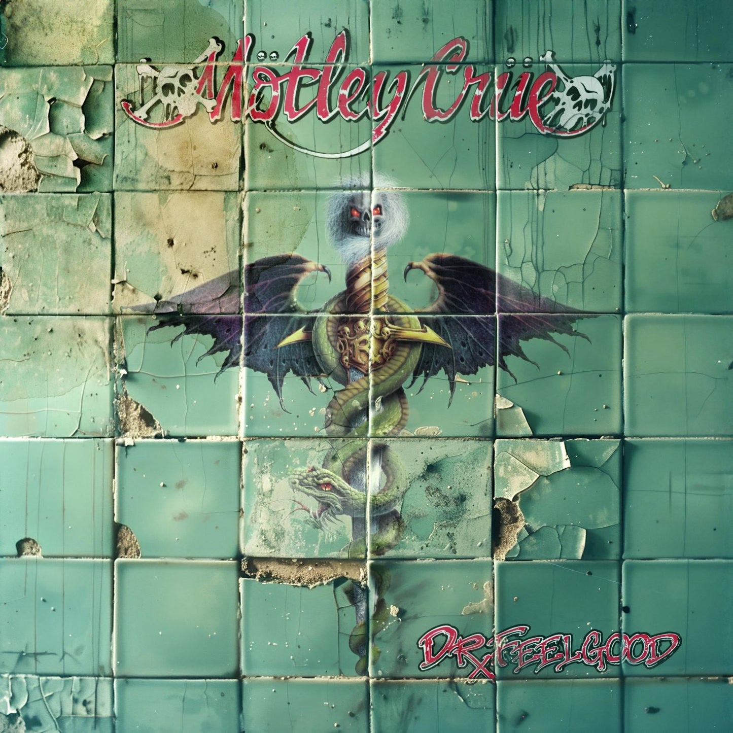 Mötley Crüe “Dr. Feelgood” album cover with a green tiled wall and a dragon.
