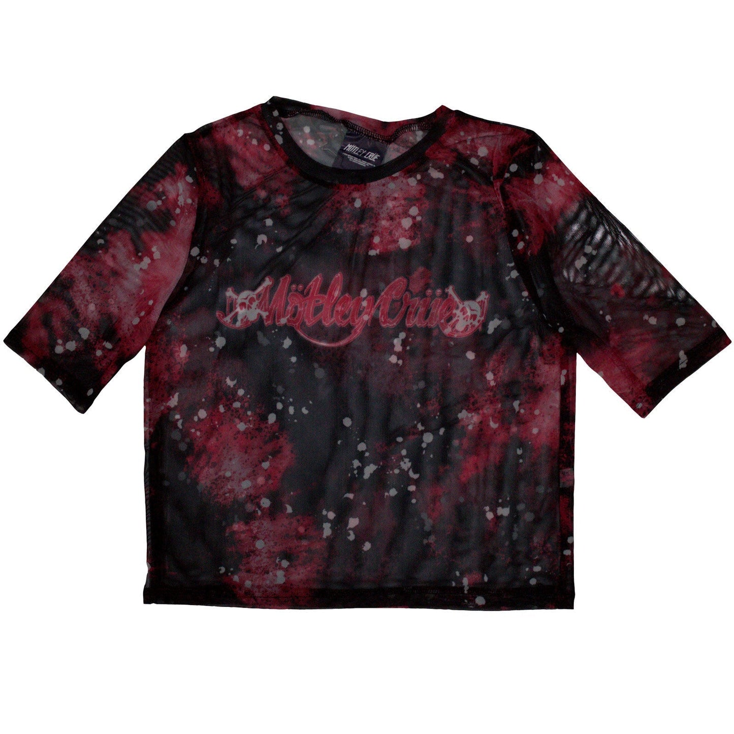 Black mesh crop top with white “Motley Crue Feelgood” logo, size X-Small.