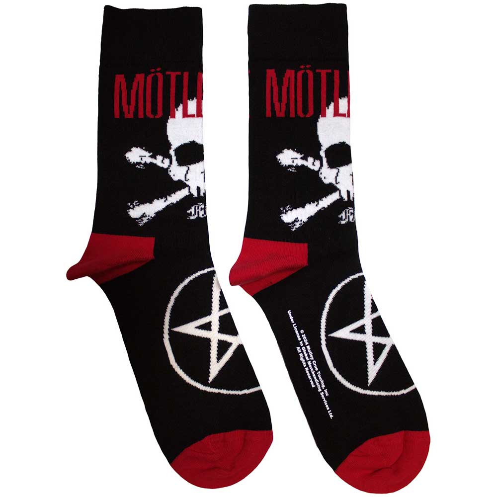 Black ankle socks featuring a white Motley Crue skull and crossbones logo pattern.