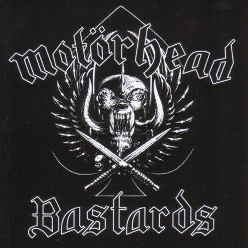 Black vinyl record with white "Motorhead Bastards" logo and skull and crossbones design.