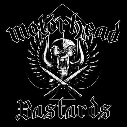 Black and white album cover for Motorhead’s “Bastards” featuring a skull and swords.