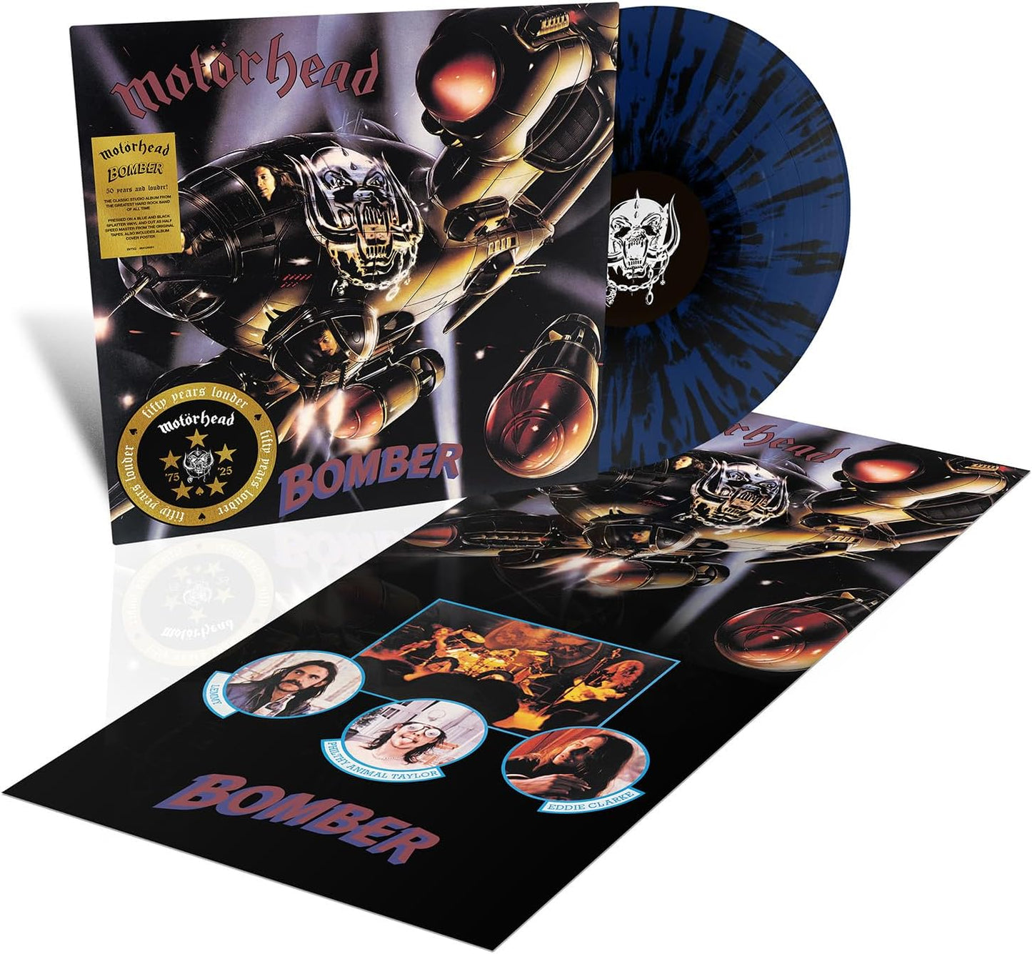 Motörhead Bomber vinyl record, album cover, blue and black splatter disc, and band poster.