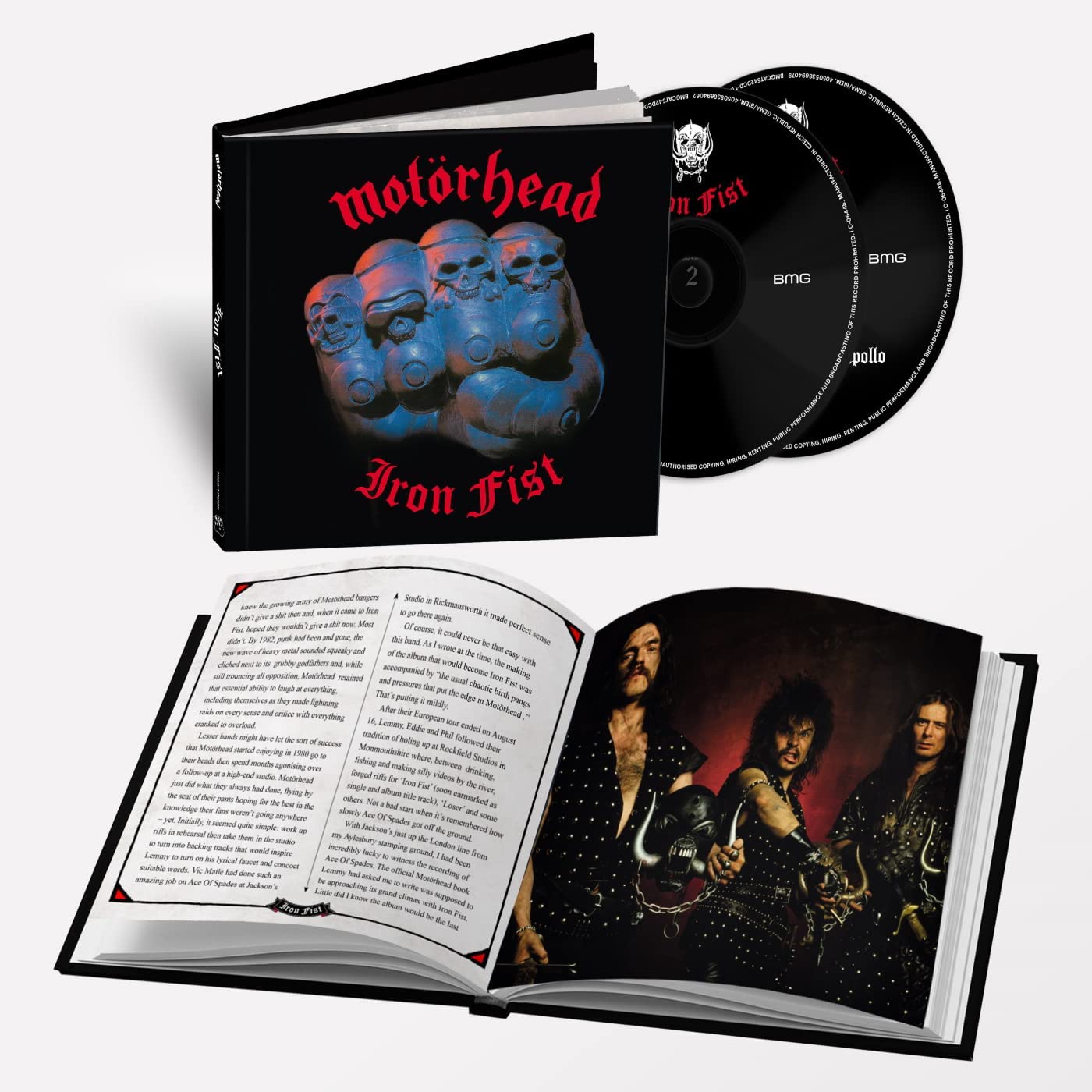 "Album cover with a metal fist and skulls, titled 'Motörhead Iron Fist'."