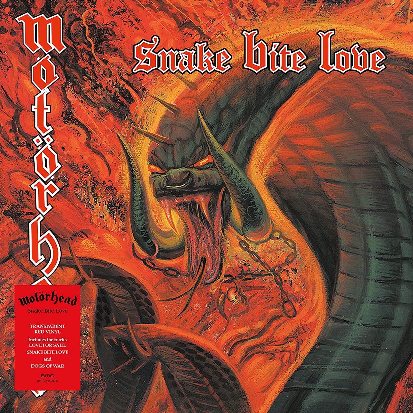 "Motorhead album cover featuring a snake illustration on a red and orange background."