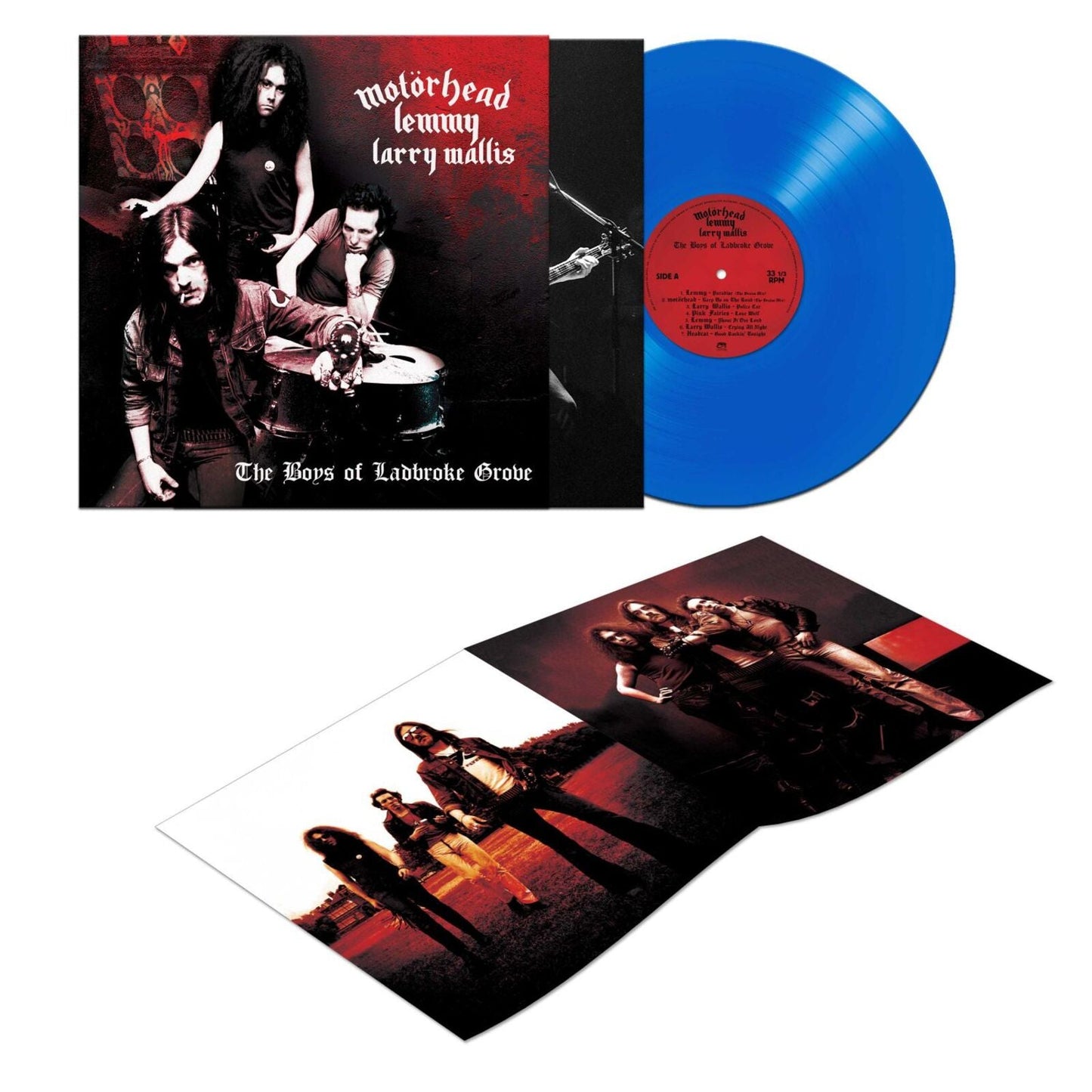 Motorhead vinyl record: album cover, blue disc, and insert images shown.
