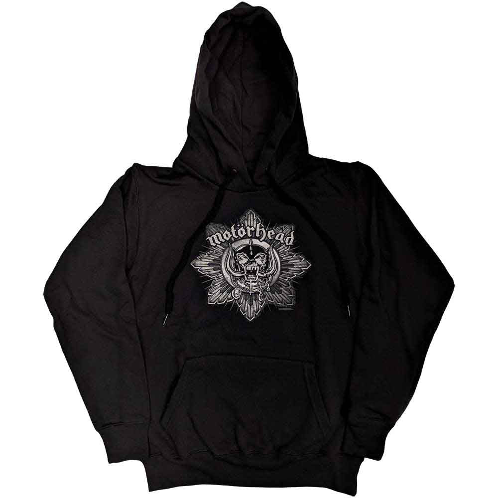 Black women's hoodie with a silver Motorhead pig badge design.