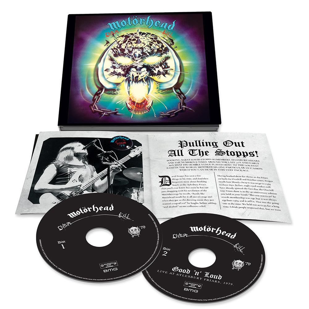 Motorhead "Overkill" CD case with disc, booklet, and tour sticker visible.