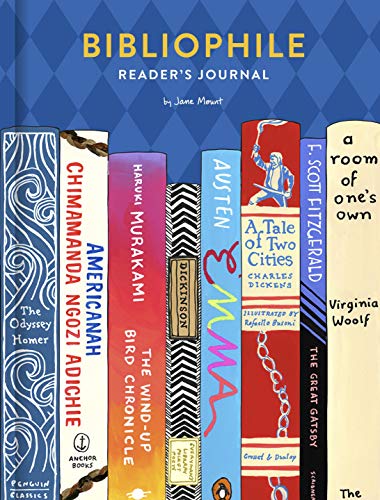 Reader’s journal cover with stacked books featuring diverse authors and titles.