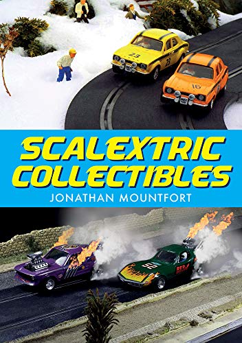 Scalextric race car models on a track with flames and snow.