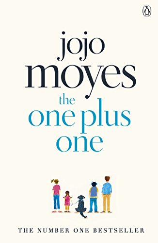 Book cover: "The One Plus One" by Jojo Moyes, with figures and a dog.