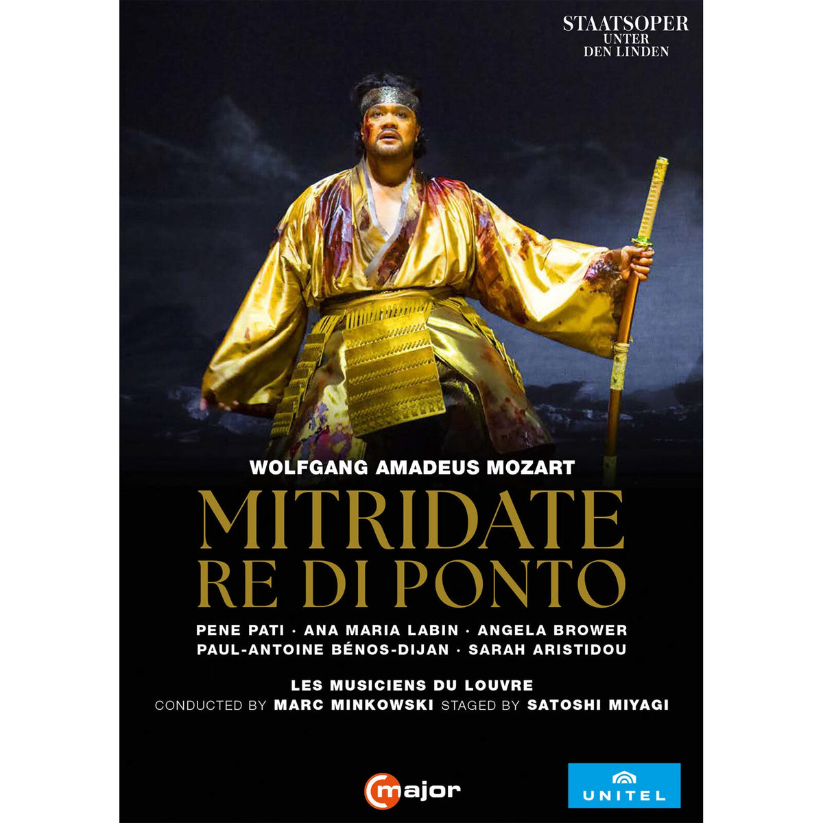 DVD cover for Mozart’s “Mitridate Re Di Ponto” opera, featuring a costumed performer.