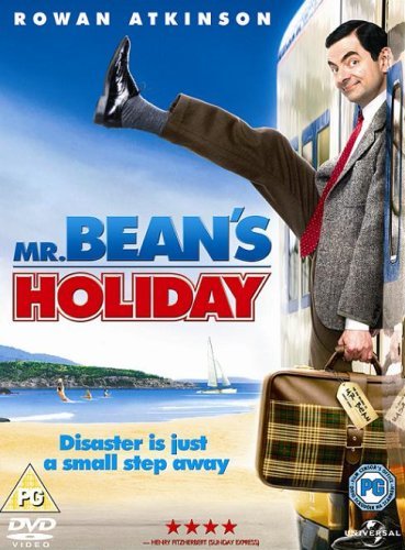 Mr. Bean on a train, kicking his leg up, holding a suitcase.