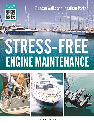 Book cover: “Stress-Free Engine Maintenance” with boats and engine parts.