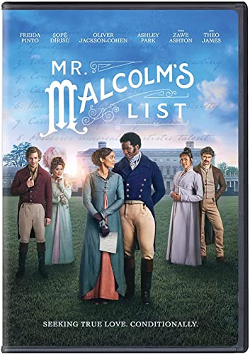 “Mr. Malcolm’s List” DVD cover with cast portraits in Regency-era attire.