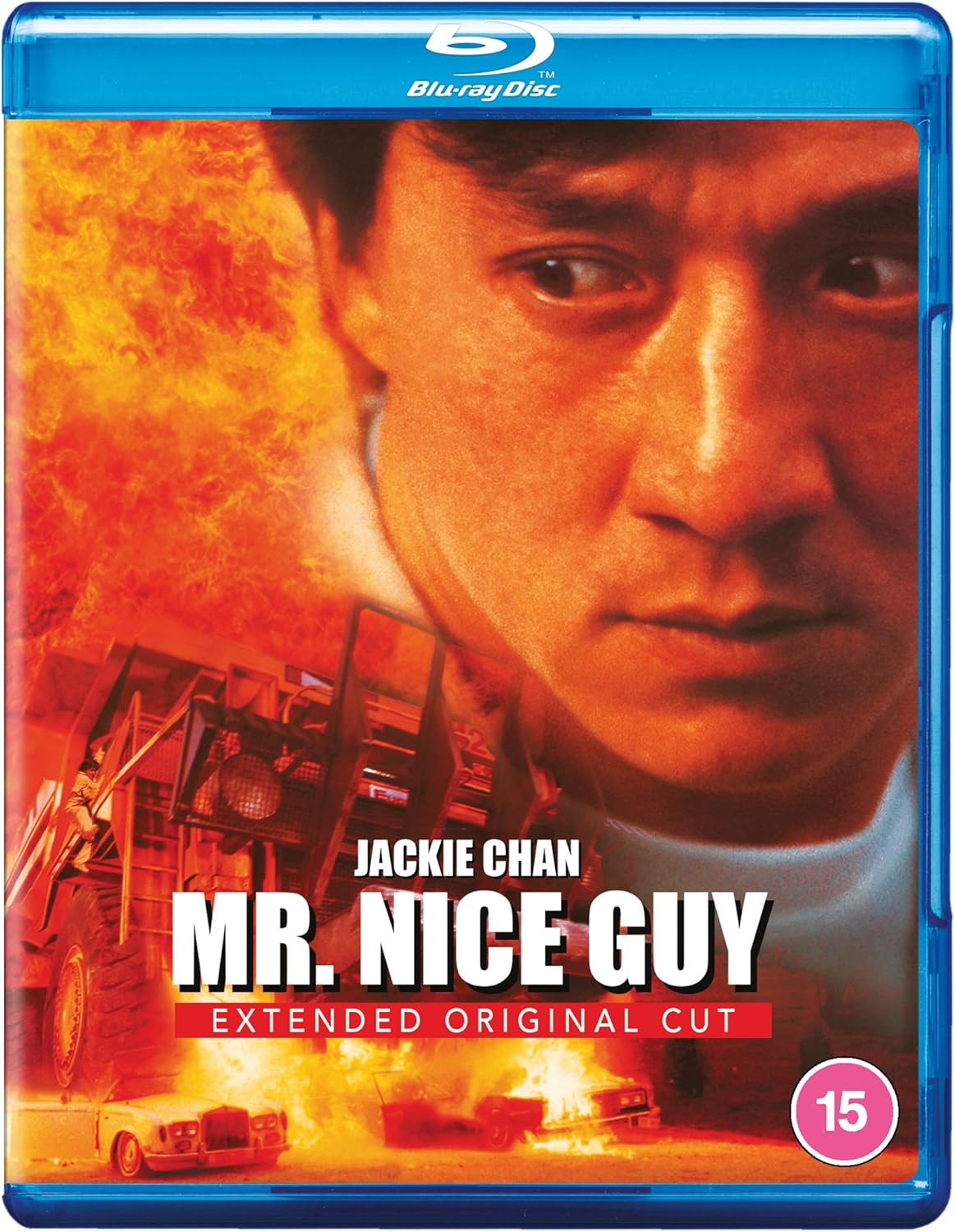 Jackie Chan on "Mr. Nice Guy" Blu-ray cover with fiery background.