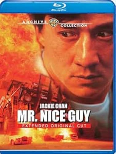 Blu-ray cover for “Mr. Nice Guy” featuring Jackie Chan’s face and fiery background.