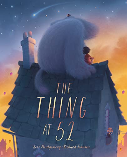 Book cover: a large, fluffy creature on a rooftop with a child.