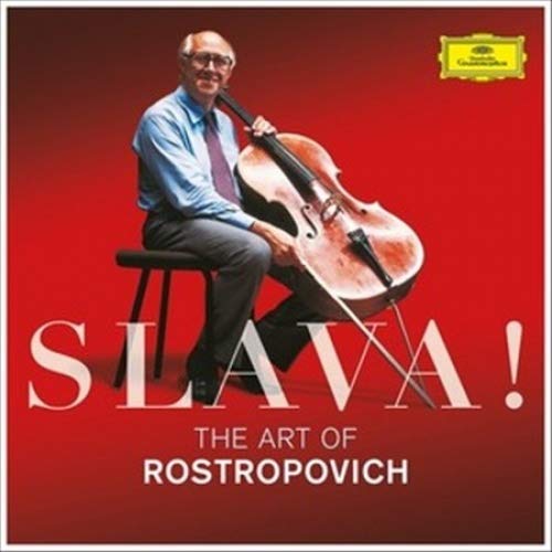 Mstislav Rostropovich seated with a cello, album cover for "Slava! The Art of Rostropovich".