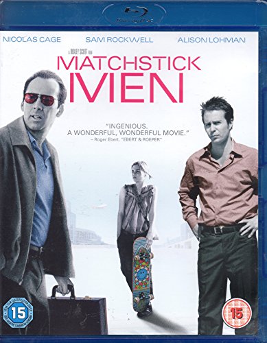 Blu-ray cover for Matchstick Men featuring Nicolas Cage, Sam Rockwell, and Alison Lohman.