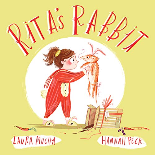 Illustration of a girl and a long-eared rabbit with a damaged box.