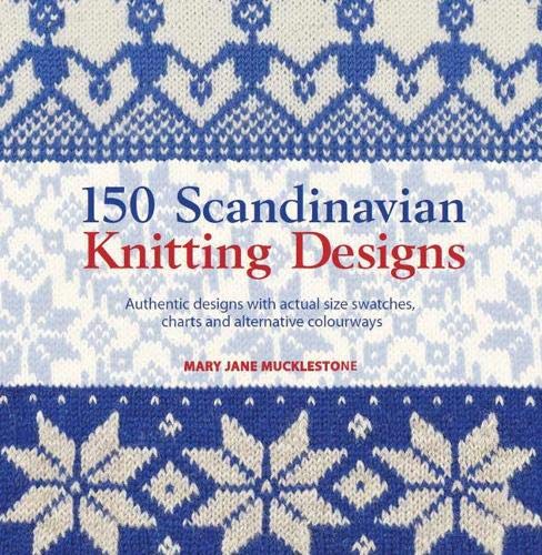 Book cover titled 150 Scandinavian Knitting Designs with blue and white patterned knit background.