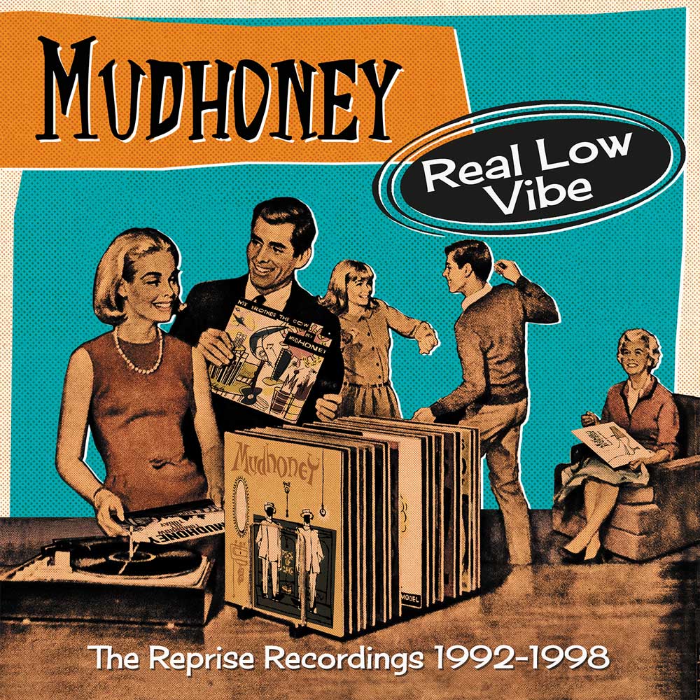Retro-style illustration of people with Mudhoney vinyl records on a teal and orange background.