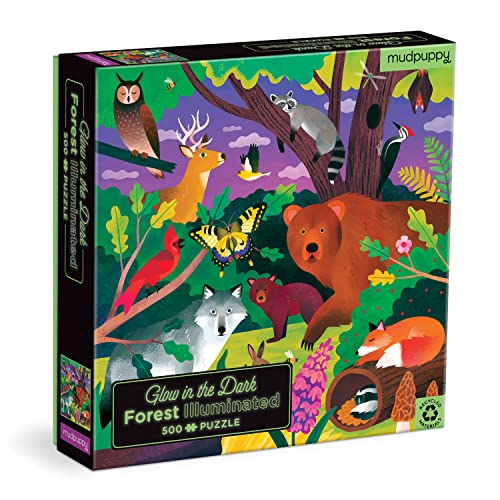 Box for a 500-piece jigsaw puzzle depicting glowing forest animals.