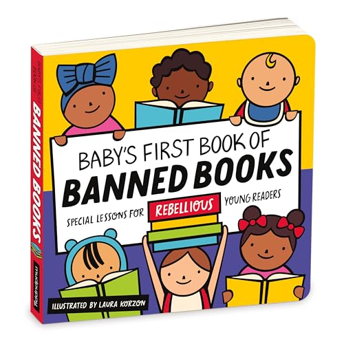 Board book cover with cartoon children reading, titled “Baby’s First Book of Banned Books.”