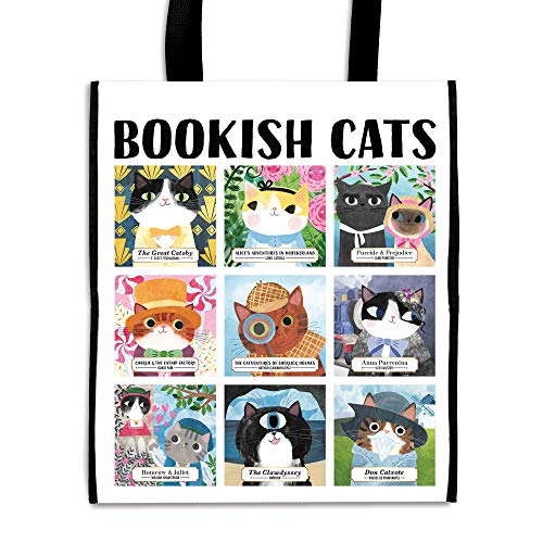 Reusable bag with illustration of cats surrounded by books on a simple background.