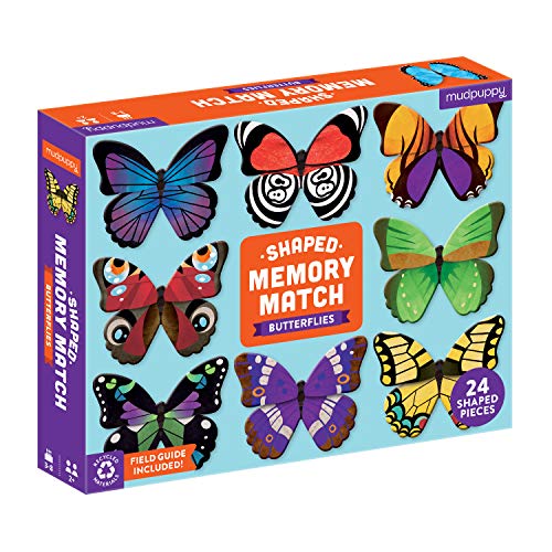Box of butterfly-shaped memory match game with colorful butterfly illustrations.