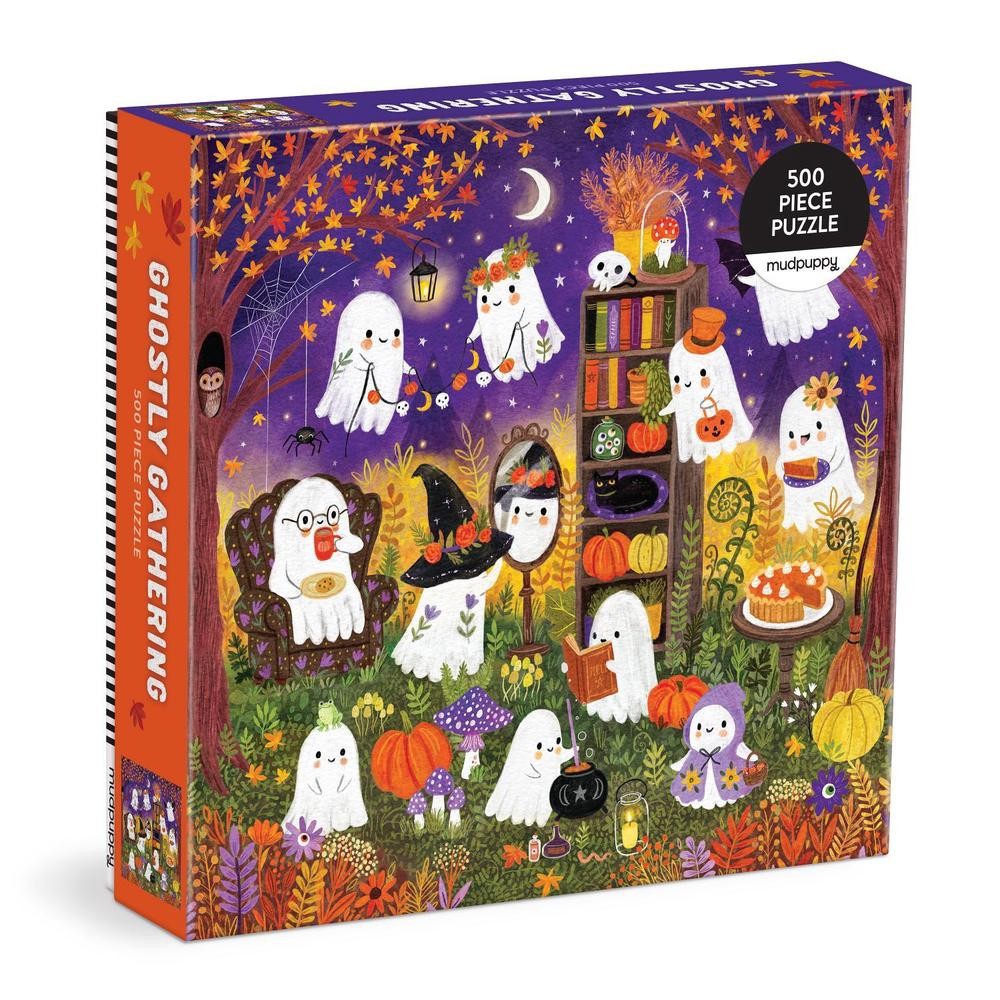 Box for a 500-piece puzzle depicting cute ghosts and Halloween decorations.